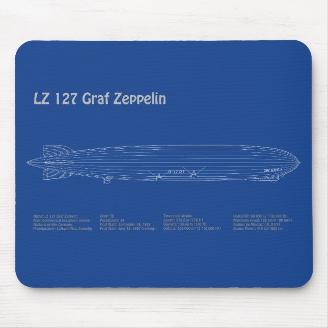 LZ 127 Graf Zeppelin - Airship Blueprint Plans AD Mouse Mat (Front)