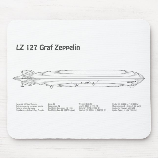 LZ 127 Graf Zeppelin - Airship Blueprint Plans BD Mouse Mat (Front)