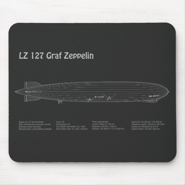 LZ 127 Graf Zeppelin - Airship Blueprint Plans PD Mouse Mat (Front)