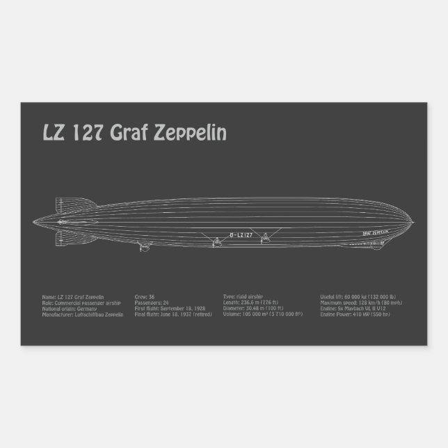 LZ 127 Graf Zeppelin - Airship Blueprint Plans PD Rectangular Sticker (Front)