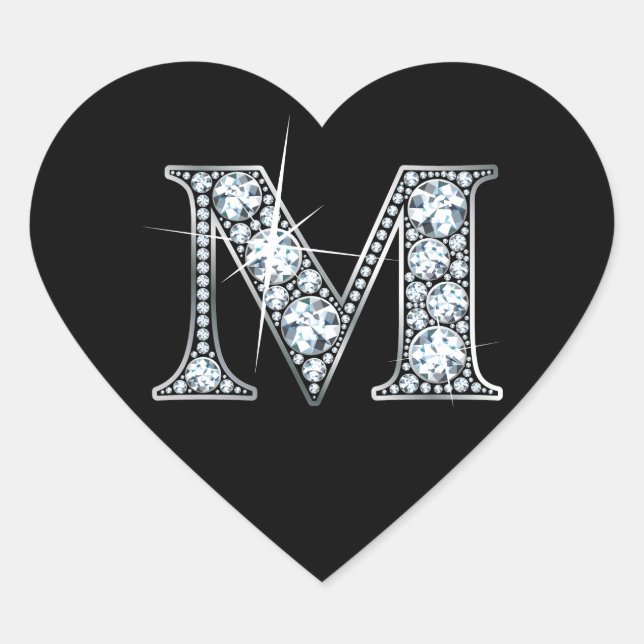 "M" Diamond Bling on Black Heart Sticker (Front)