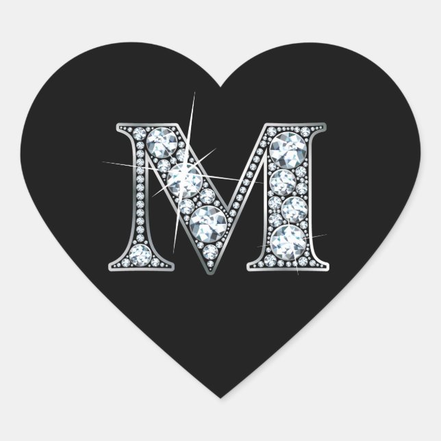 "M" Diamond Bling on Black Heart Sticker (Front)