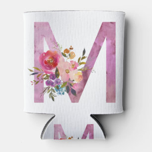 M, Floral Monogram initial , watercolor flower Can Cooler