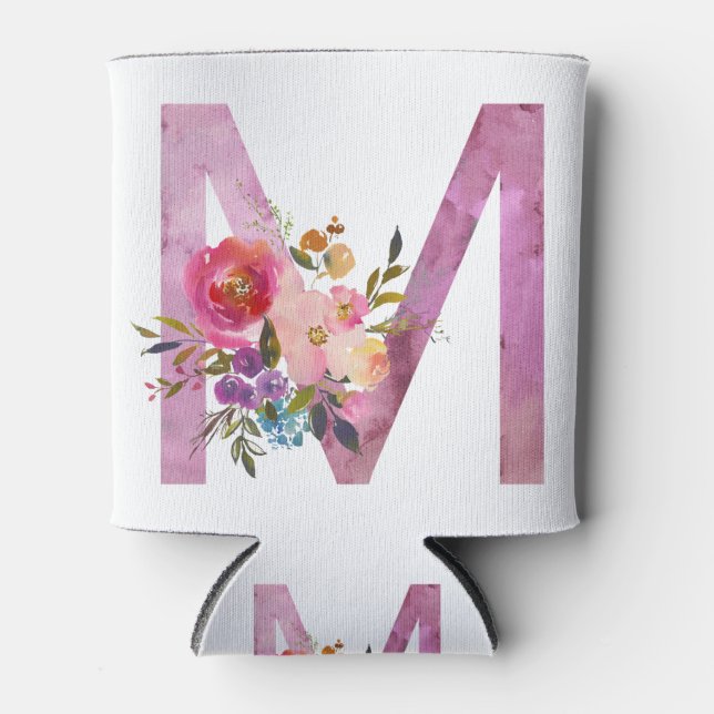 M, Floral Monogram initial , watercolor flower Can Cooler (Front)