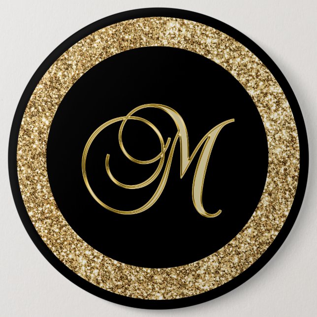 M gold monogram on black 6 cm round badge (Front)