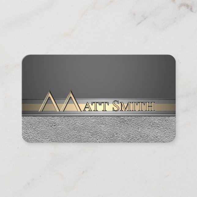 M, Grey Silver Gold Copper Men Logo Business Cards (Front)