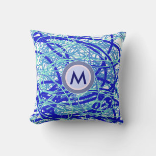 M initial monogram blue abstraction cushion