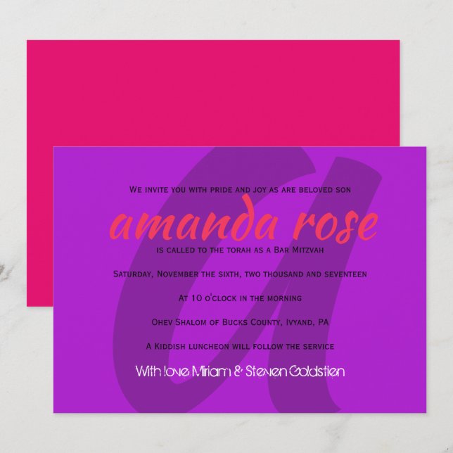 M INITIALS COLLECTION Bat Mitzvah Invitation (Front/Back)