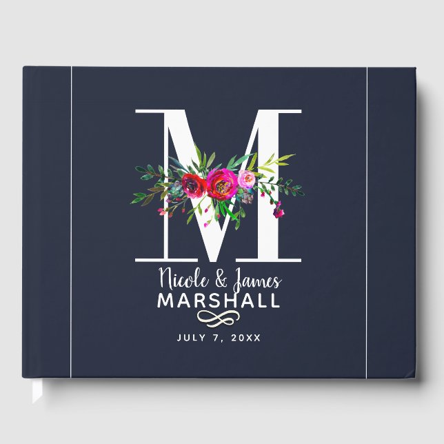 M Letter Initial Monogram Floral Name Wedding Guest Book (Front)