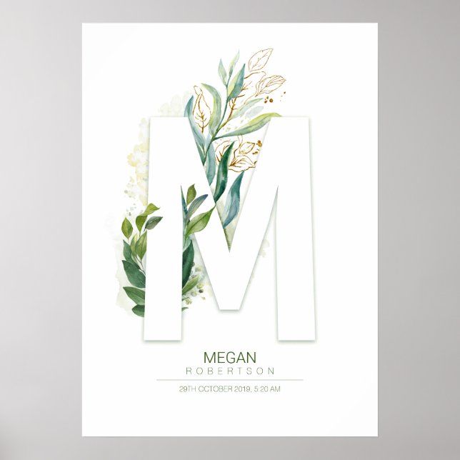 M Letter Monogram Gold Greenery Foliage Chic Poster (Front)
