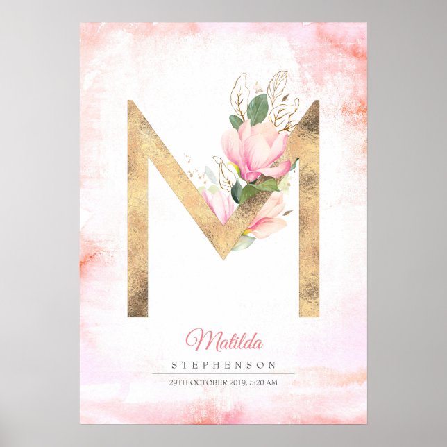 M Letter Monogram Gold Leaves Pink Magnolia Floral Poster (Front)