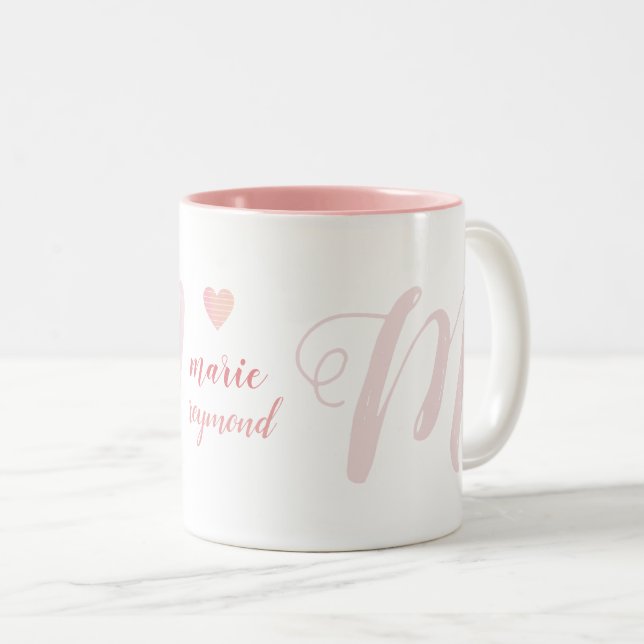 M letter Monogram on Pink Love Two-Tone Coffee Mug (Front Right)