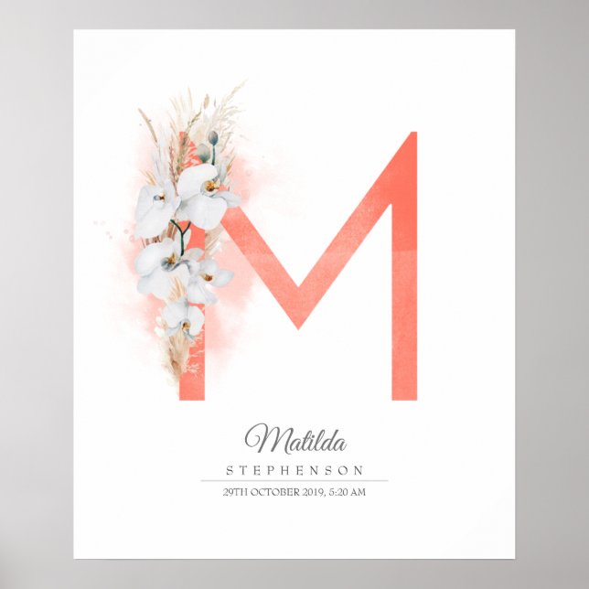 M Letter Monogram White Orchids and Pampas Grass Poster (Front)