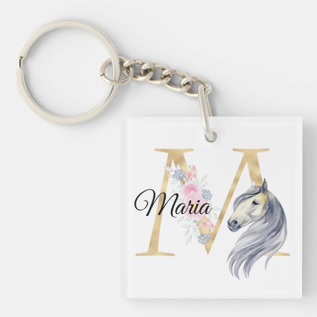 M letter personalised name monogram with horse key ring (Front)