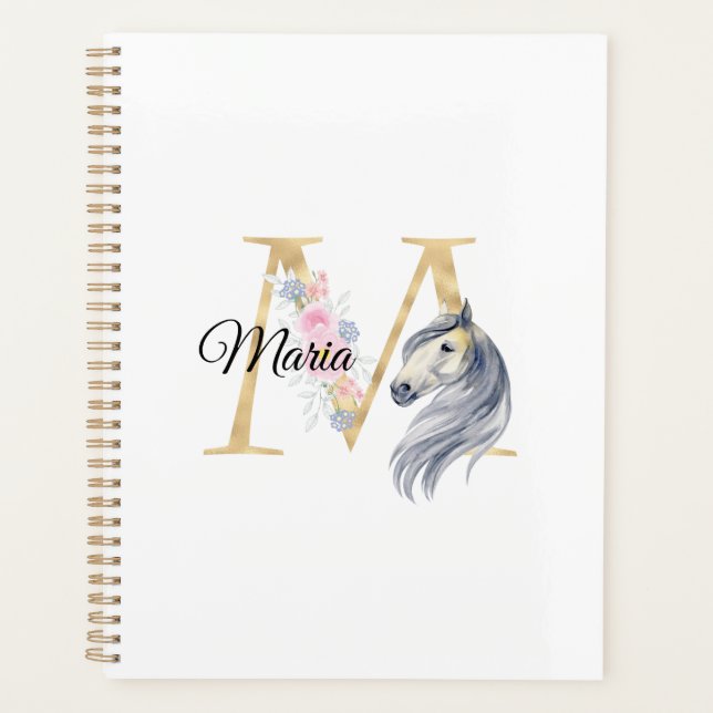 M letter personalised name monogram with horse  planner (Front)