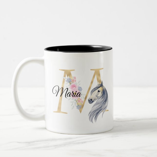 M letter personalised name monogram with horse   Two-Tone coffee mug (Left)