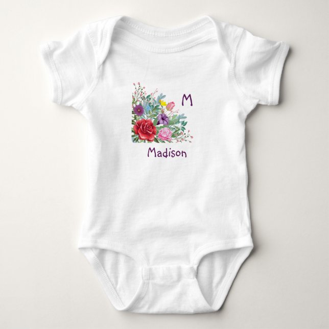 M Madison Personalise Initial Name, Rose Flowers Baby Bodysuit (Front)