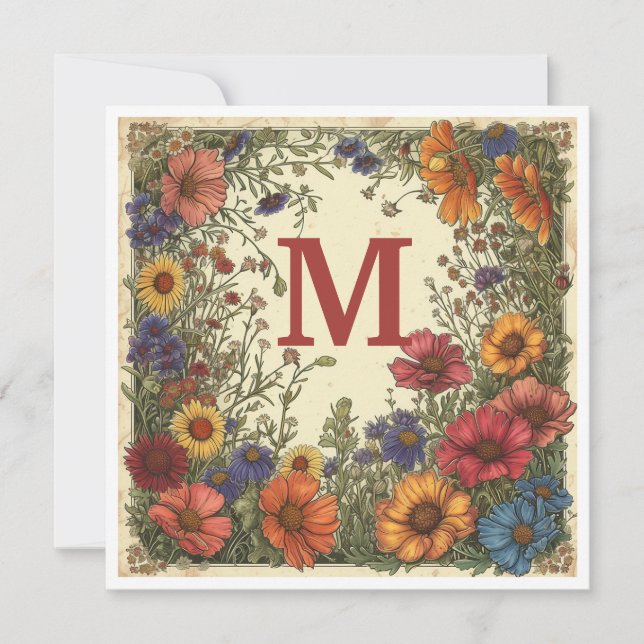 "M" Milano Red: Bloom & Monogram Holiday Card (Front)