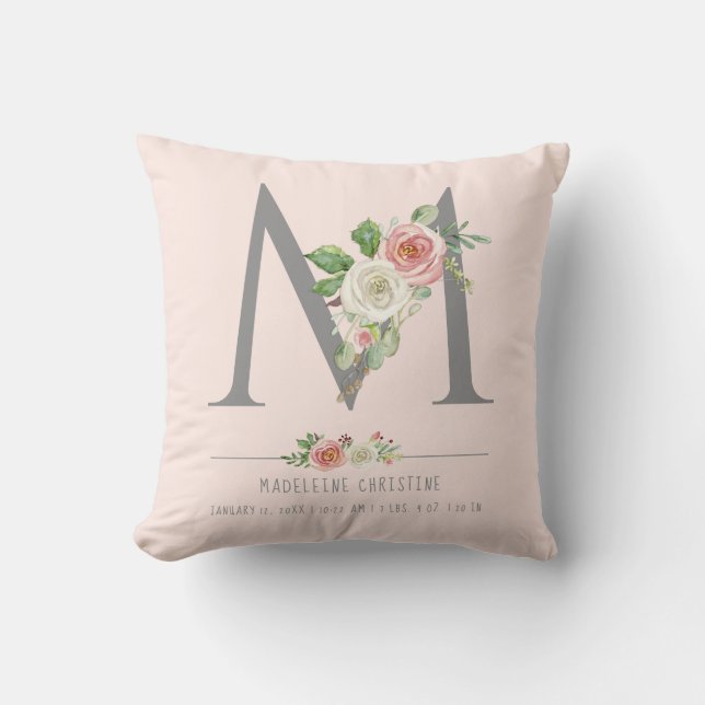 M Monogram Baby Girl | Birth Stats Heart Floral Cushion (Front)