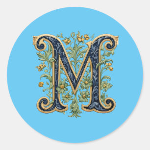M monogram blue-gold flower classic round sticker