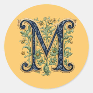 M monogram blue-gold flower classic round sticker