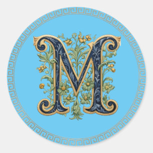 M monogram blue-gold flower classic round sticker