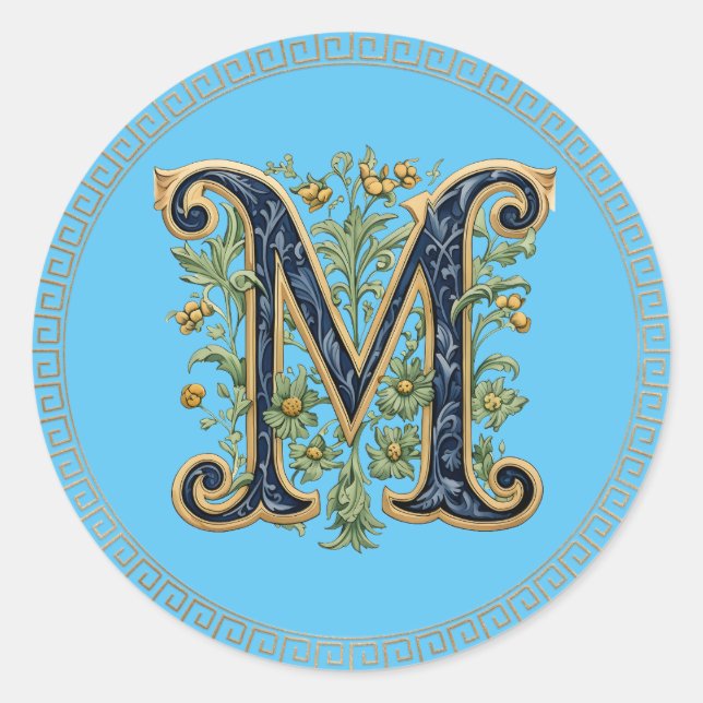 M monogram blue-gold flower classic round sticker (Front)