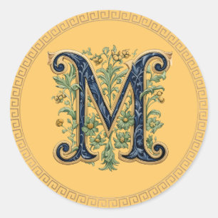M monogram blue-gold flower classic round sticker