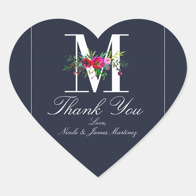 M Monogram Last Initial Modern Blue Floral Wedding Heart Sticker (Front)