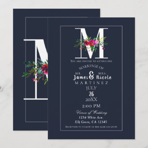 M Monogram Last Initial Modern Blue Floral Wedding Invitation