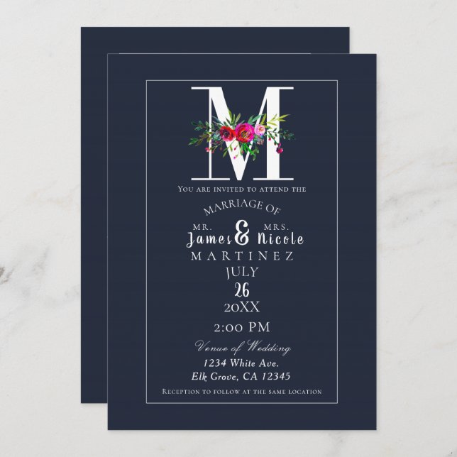 M Monogram Last Initial Modern Blue Floral Wedding Invitation (Front/Back)