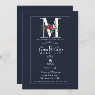 M Monogram Last Initial Modern Blue Floral Wedding Invitation