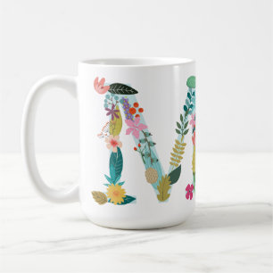 M Monogram Mug, Floral M Initial, Botanical Coffee Mug