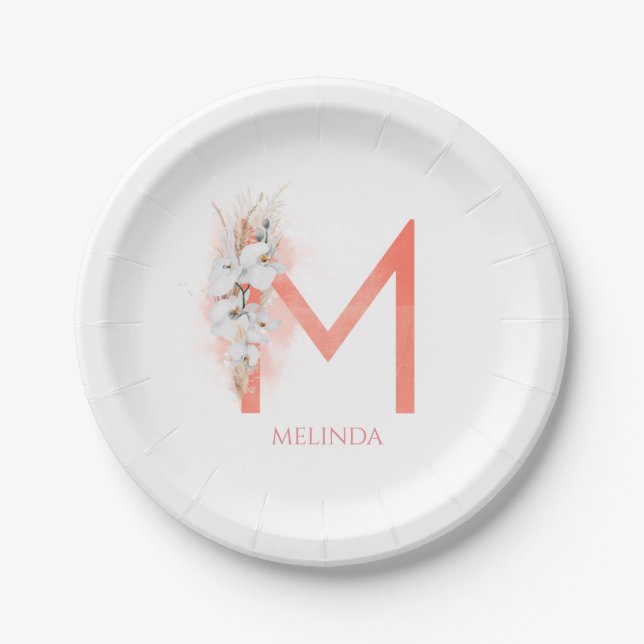 M Monogram Name Pampas Grass White Orchids Paper Plate (Front)