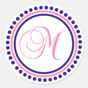 M Monogram (Navy Blue / Pink Dot Circle) Classic Round Sticker