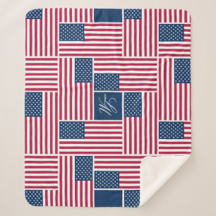 M Monogram Patriotic American Flag Americana Sherpa Blanket