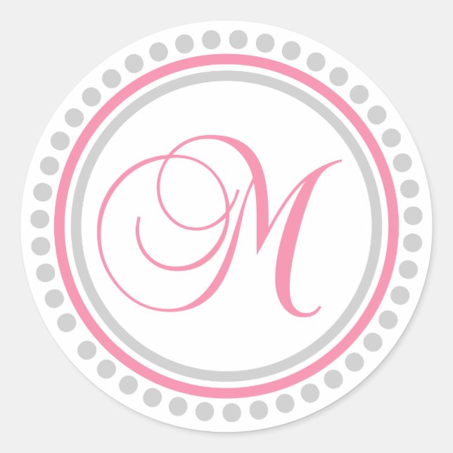 M Monogram (Pink / Silver Dot Circle) Classic Round Sticker (Front)
