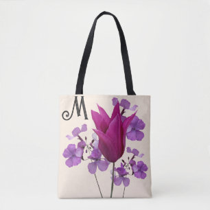 M monogram pretty pink tulip flower purple girly tote bag