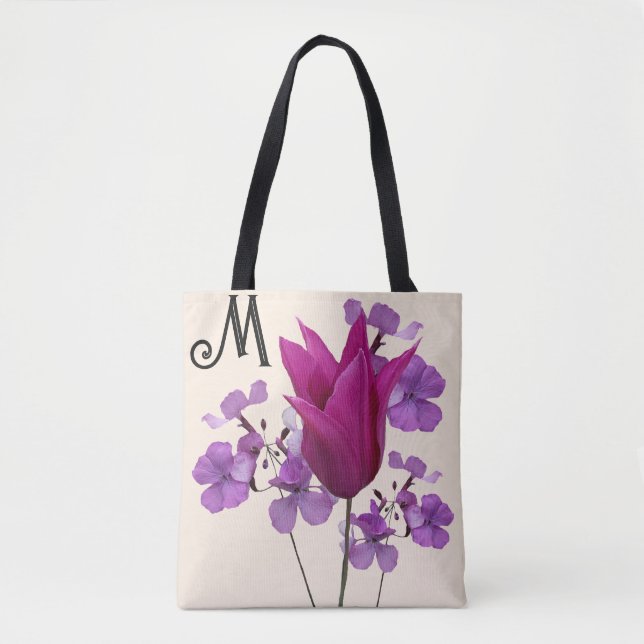 M monogram pretty pink tulip flower purple girly   tote bag (Front)