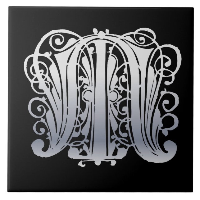 M Monogram Silver Lace on Black Ceramic Tile (Front)