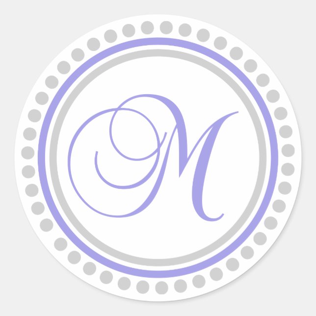 M Monogram (Violet Purple / Silver Dot Circle) Classic Round Sticker (Front)