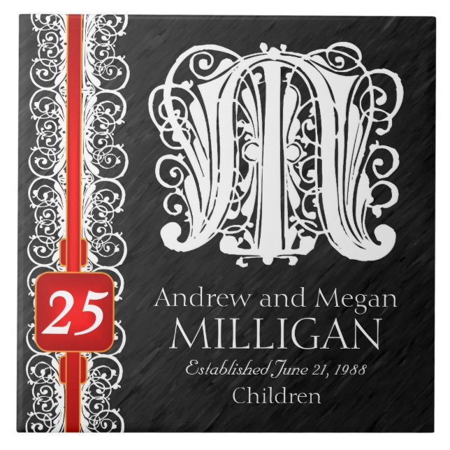 M Monogram "White Lace on Black" Anniversary Tile (Front)