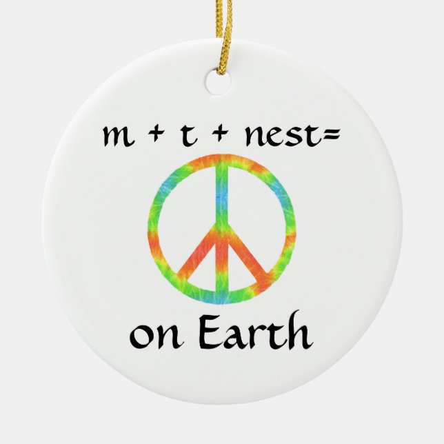 m + t + nes t = Peace on Earth Ceramic Tree Decoration (Front)