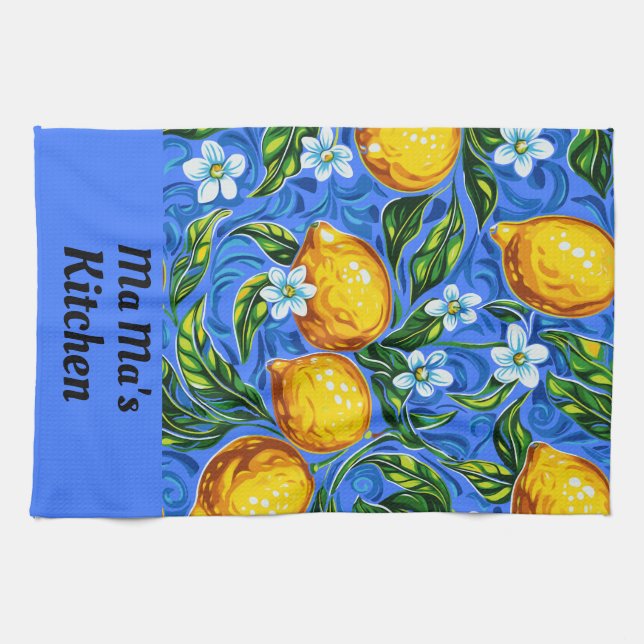 Ma Ma's Kitchen blue and yellow Tea Towel (Horizontal)