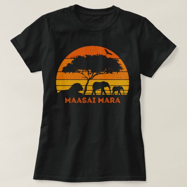 Maasai Mara Safari Elephant Lion Sunset Kenya Safa T-Shirt (Design Front)