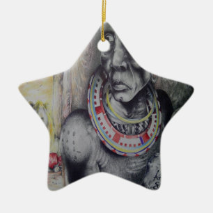Maasai Mother and Child with Lion Art Print/Graphi Ceramic Tree Decoration