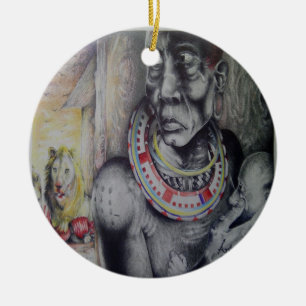 Maasai Mother and Child with Lion Art Print/Graphi Ceramic Tree Decoration