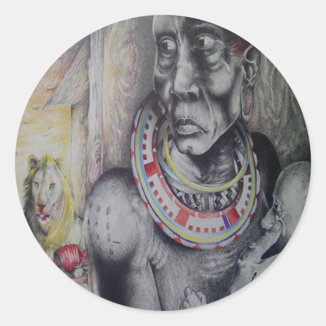 Maasai Mother and Child with Lion Art Print/Graphi Classic Round Sticker (Front)