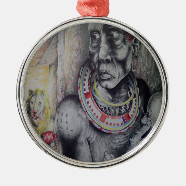 Maasai Mother & Child with Lion Art Print/Graphic Metal Tree Decoration (Front)