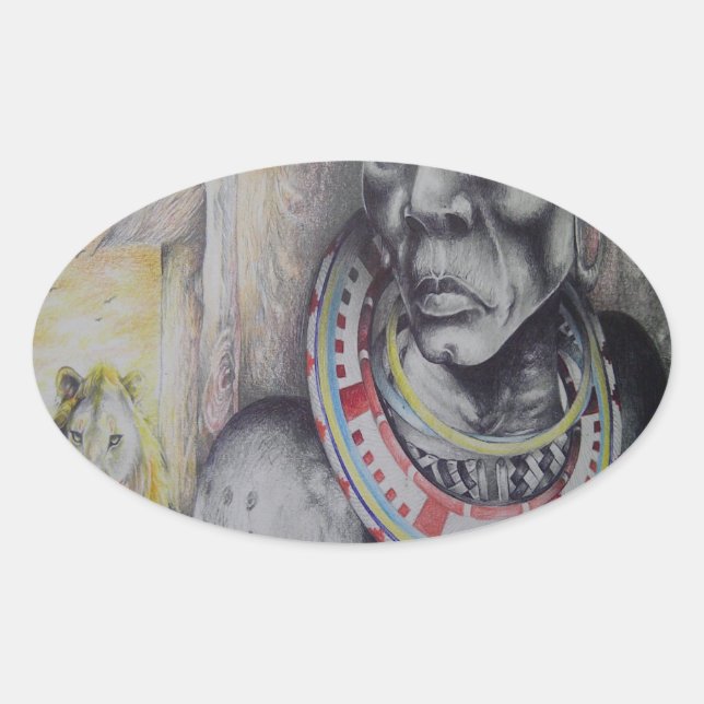 Maasai Mother & Child with Lion Art Print/Graphic Oval Sticker (Front)